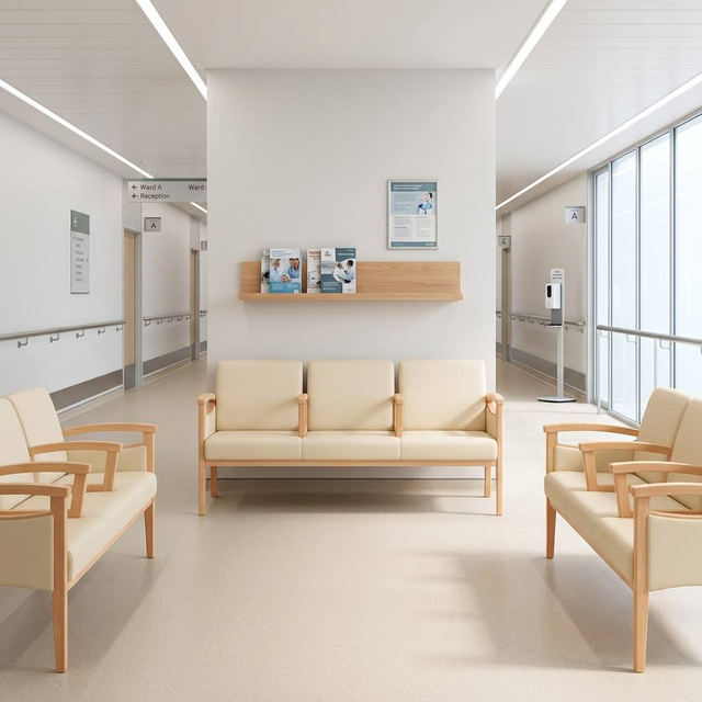 Hospital Waiting Sofa with Armrest Dividers | Solid Wood Medical Lounge Seating for Clinics & Senior Living