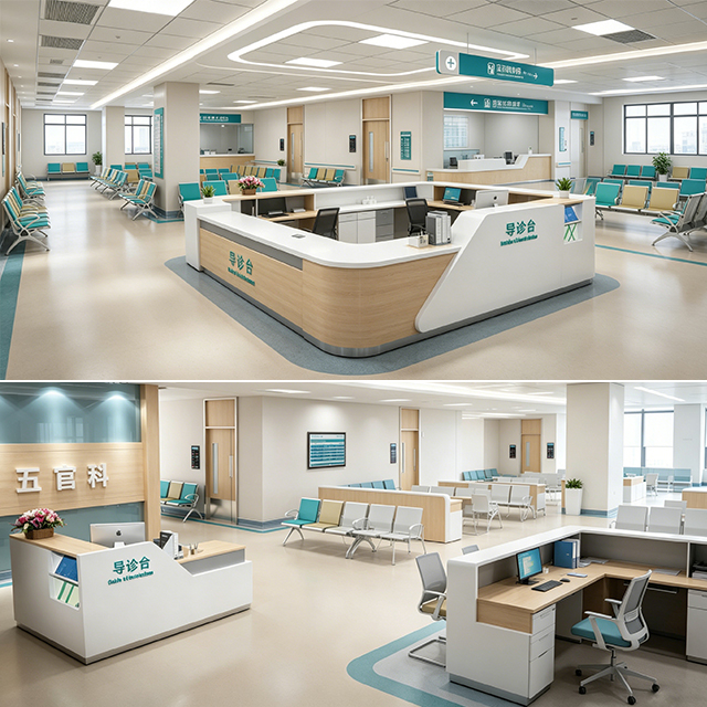 Medical Reception Desk Modern Wood Grain Nurse Station with Integrated Cable Management