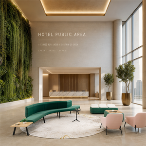 Green Curved Arc Sofa & Upholstered Bench Seating for Office Public Areas