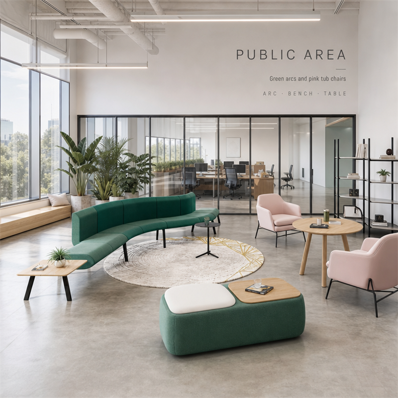 Green Curved Arc Sofa & Upholstered Bench Seating for Office Public Areas