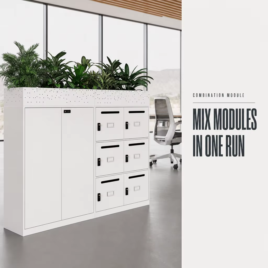Desk-Side Mail Cabinet Combination with Drawers and Planter Top