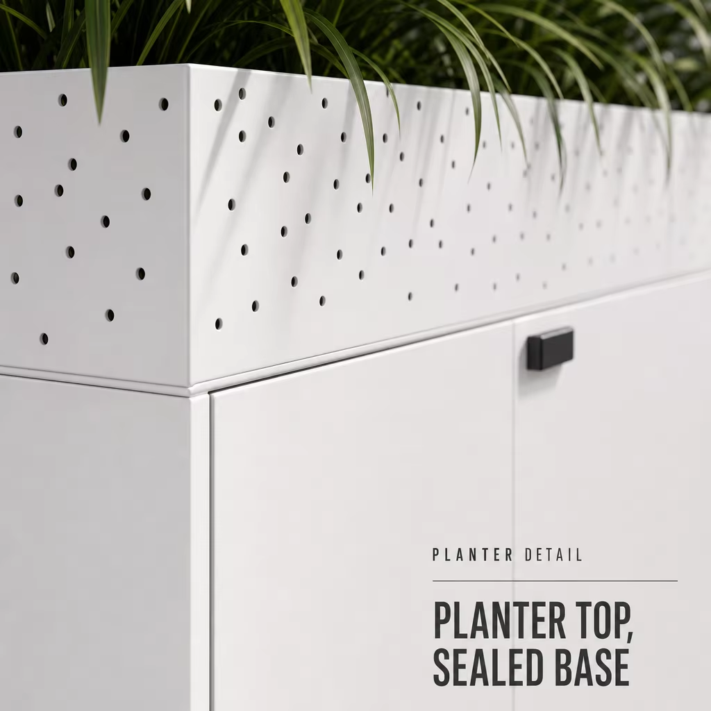 Desk-Side Metal Storage Cabinet with Swing Doors and Planter Top
