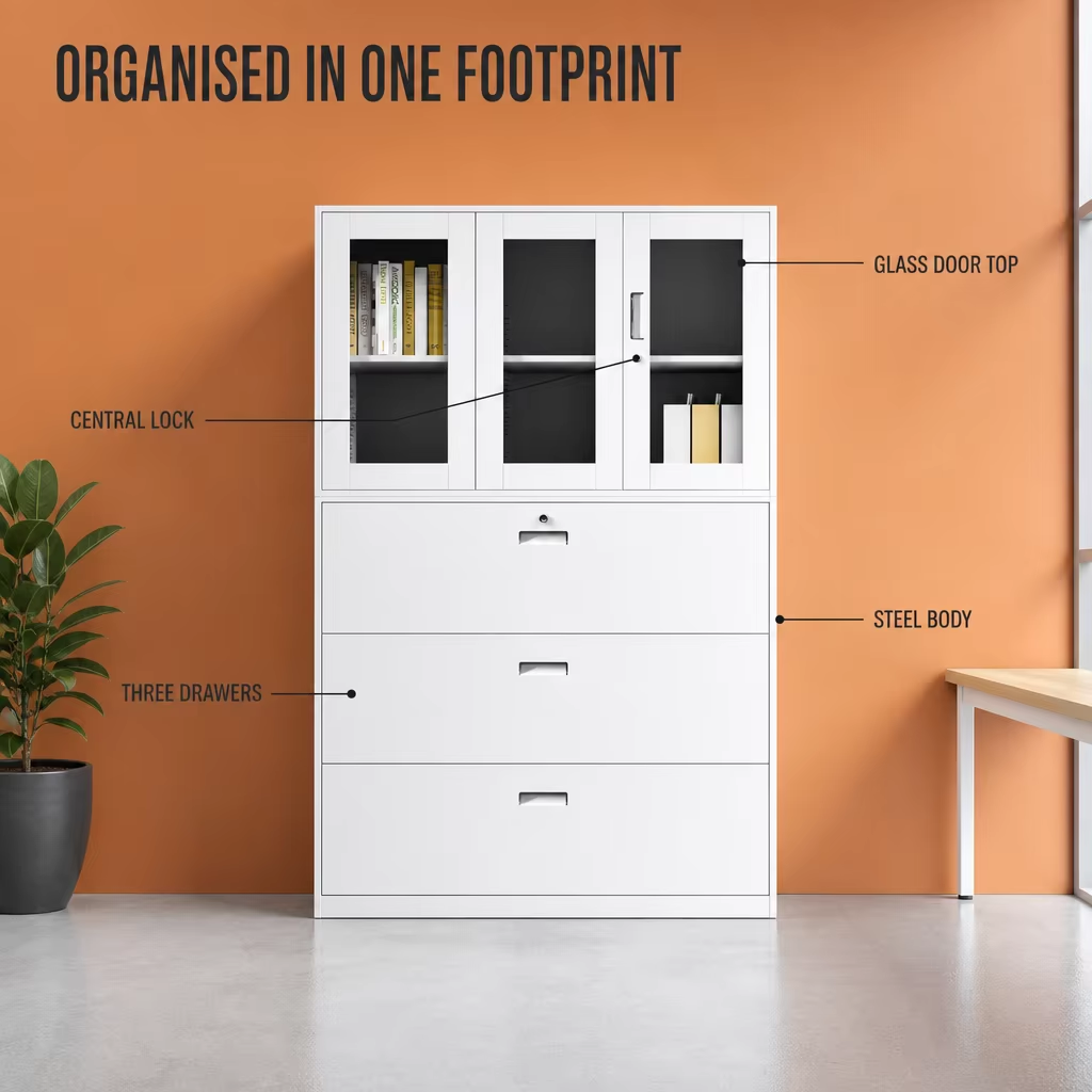 Metal Drawer Cabinet with Glass Doors and Three Lockable Drawers