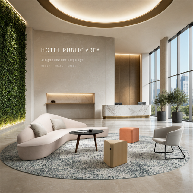 Organic Curve Lounge Sofa Set with Moveable Poufs for Public Areas
