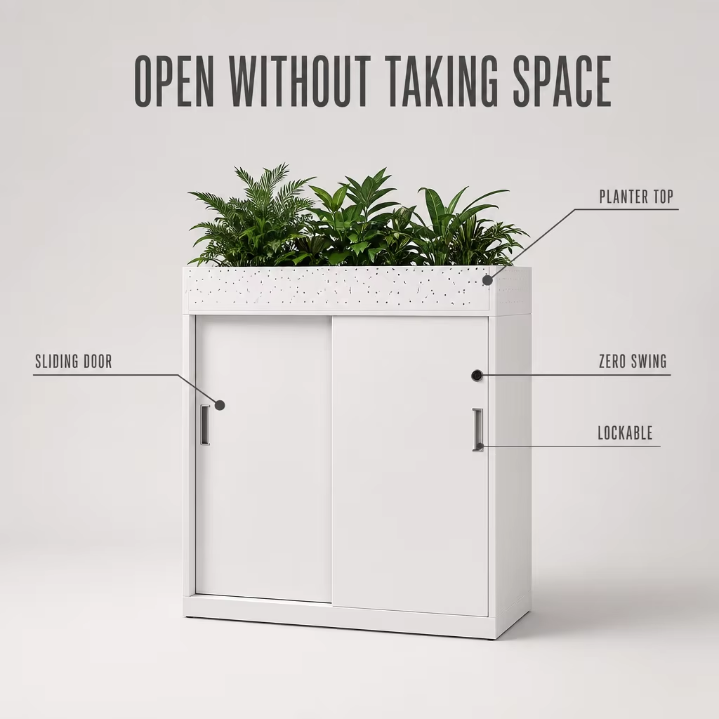 Sliding Door Metal Storage Cabinet with Planter Top