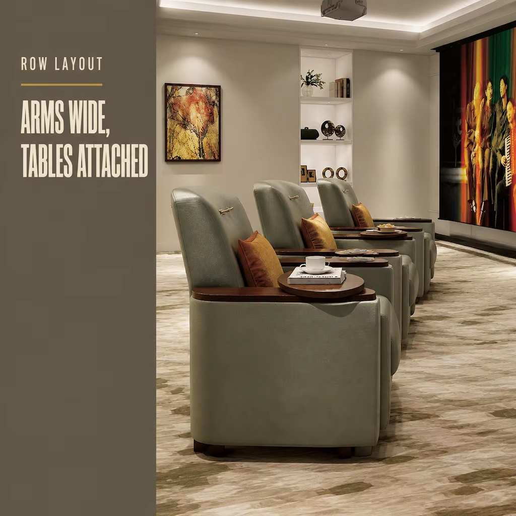 Audio-Visual Room Seating with Wide Arms and Attached Side Tables