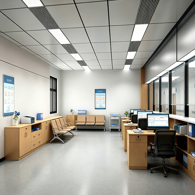 Hospital Reception Desk - Modern Wood Grain Medical Billing & Clinic Information Counter