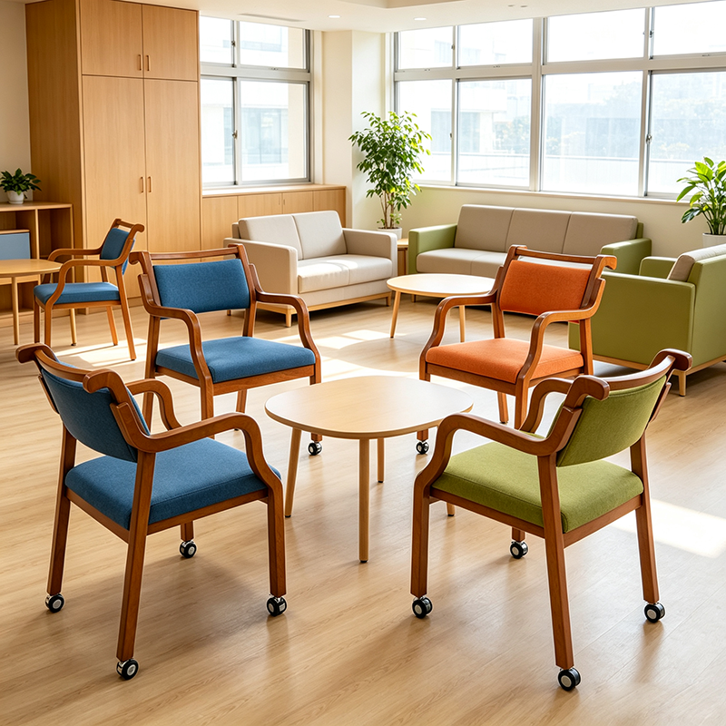 Senior Living Dining Armchair with Front Casters and Push Handle Solid Wood Assisted Mobility Chair