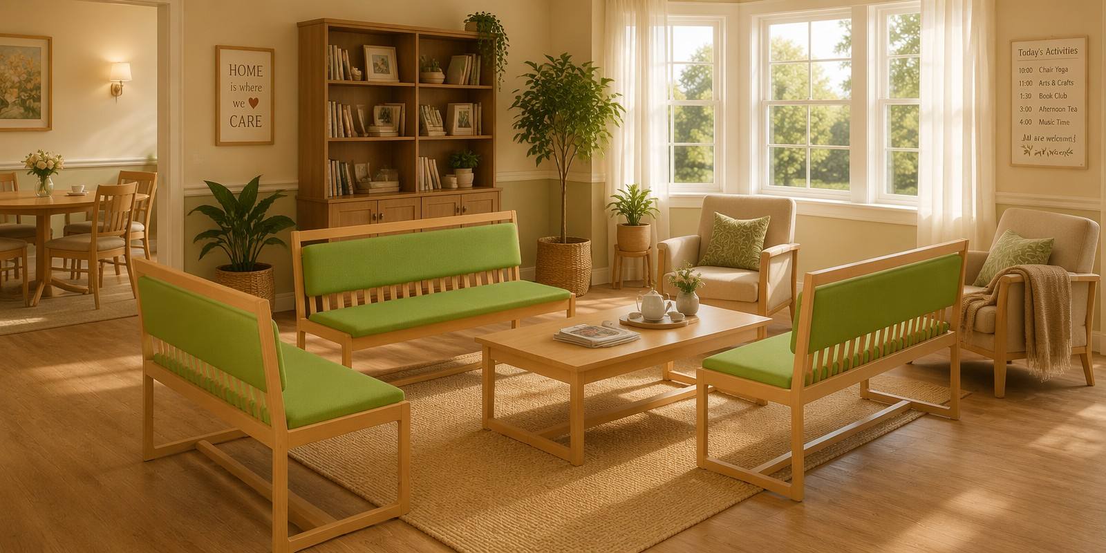 Sofa sets for communal areas in care homes Sofa sets Coffee tables Bookshelves Dining tables and chairs Side tables