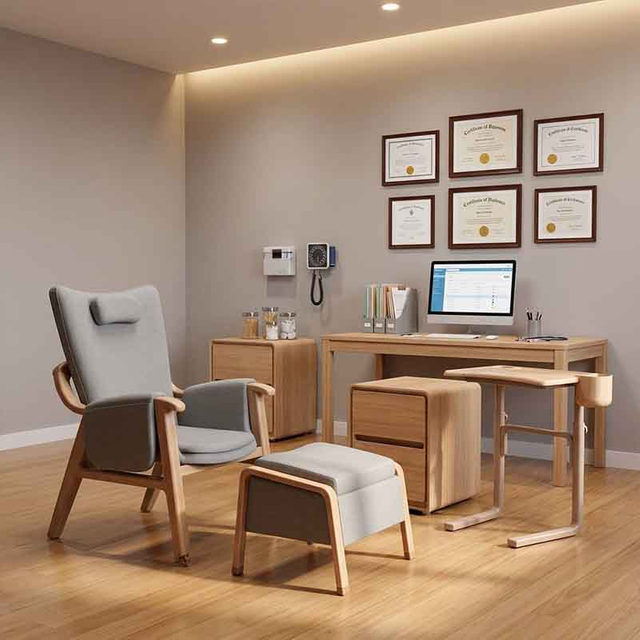 Healthcare Ergonomic Furniture Set — Solid Wood Patient Room Seating, Overbed Table & Nightstand for Hospital, Nursing Home, Assisted Living & Senior Care Facilities