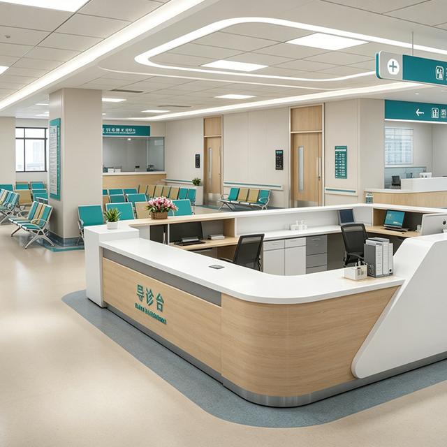 Medical Reception Desk Modern Wood Grain Nurse Station with Integrated Cable Management