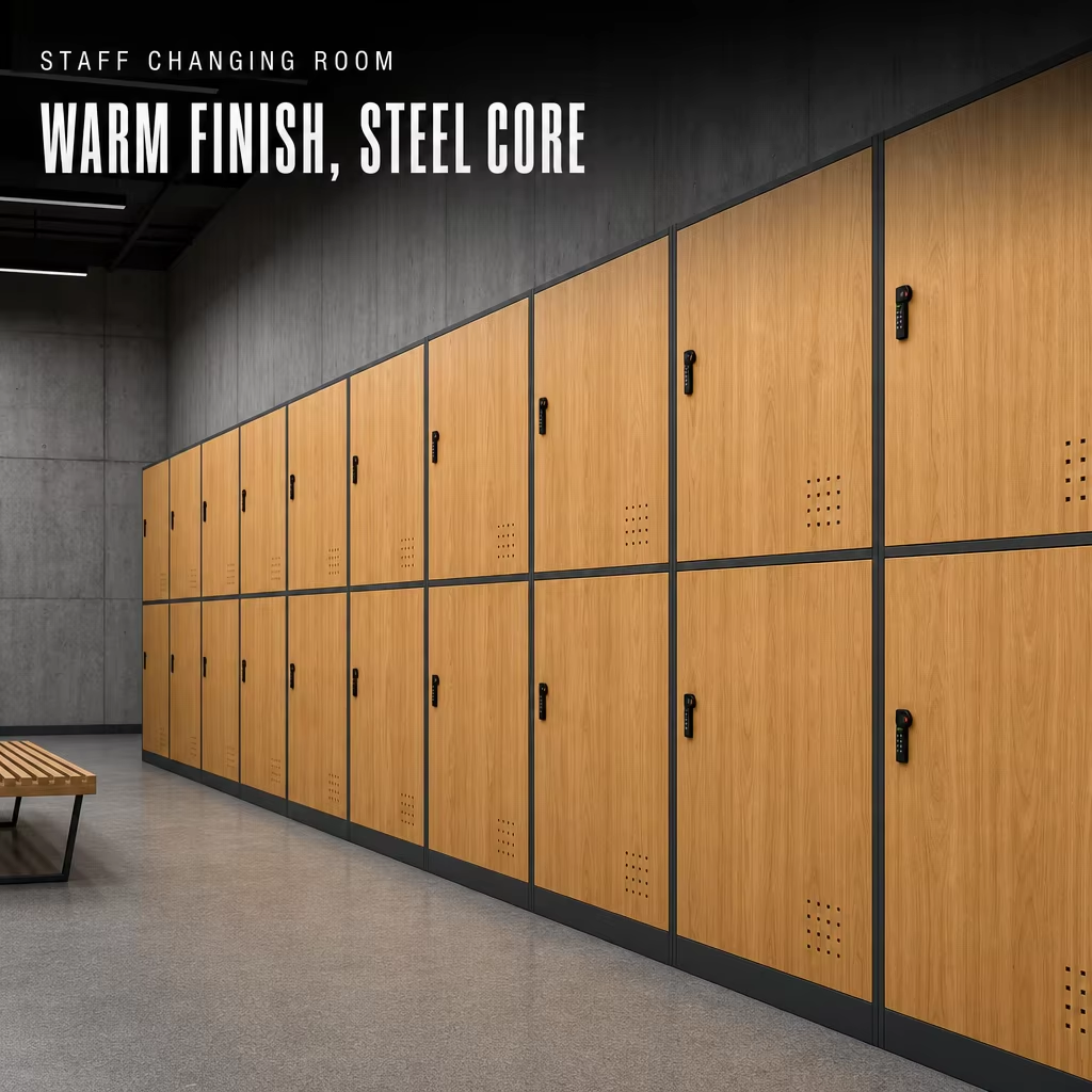 Wood Grain Metal Locker Cabinet with Ventilated Lockable Doors