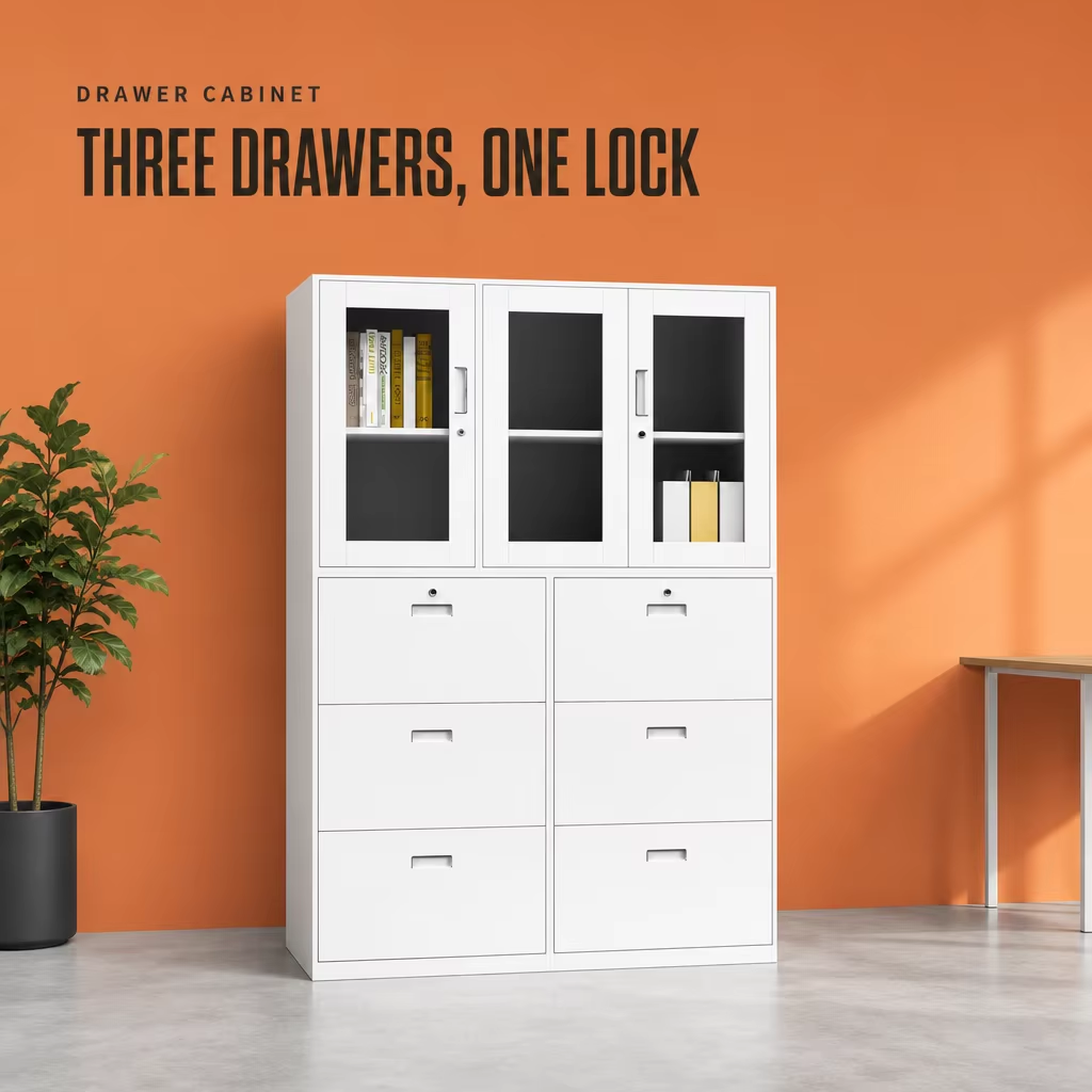 Metal Drawer Cabinet with Glass Doors and Three Lockable Drawers
