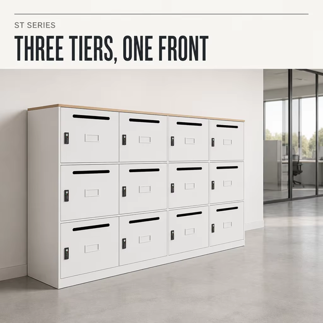 Metal Locker Cabinet with Numbered Slots and Wood Top