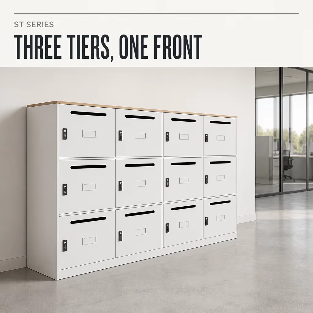 Metal Locker Cabinet with Numbered Slots and Wood Top