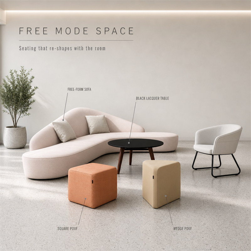 Organic Curve Lounge Sofa Set with Moveable Poufs for Public Areas