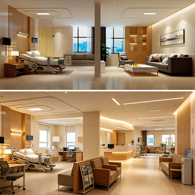 Luxury VIP Hospital Suite Furniture Set - Eco-Friendly Timber Wooden Medical Ward Beds & Patient Room Cabinets