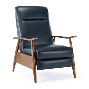 Blue Leather Recliner Chair with Wooden Arms