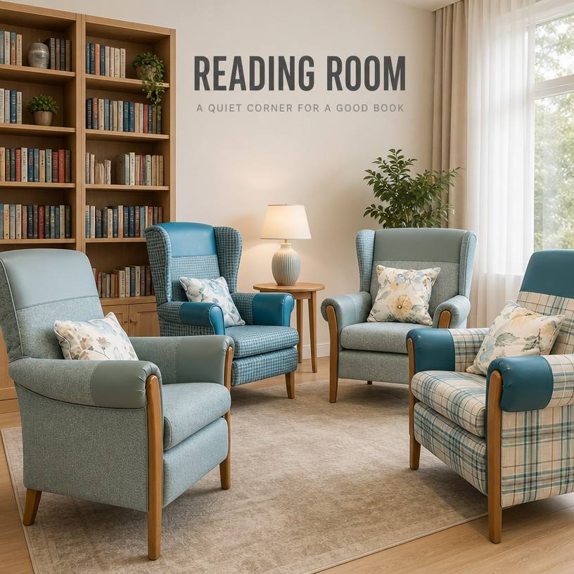  Plaid Lounge Armchair and Loveseat Set for Healthcare Senior Living Care Home Lobby and Visiting Rooms