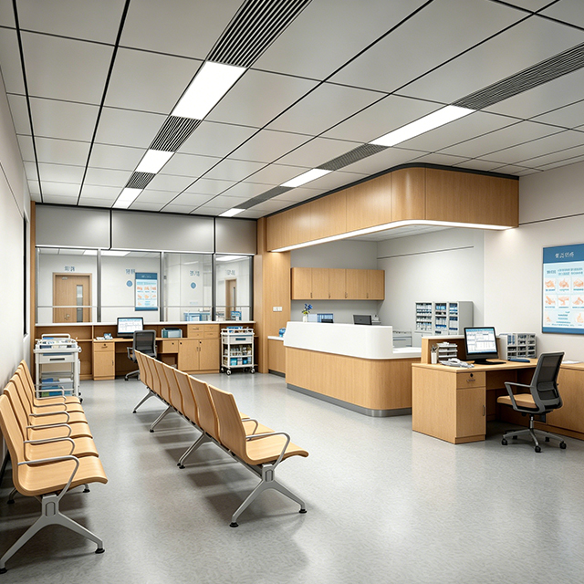 Hospital Reception Desk - Modern Wood Grain Medical Billing & Clinic Information Counter