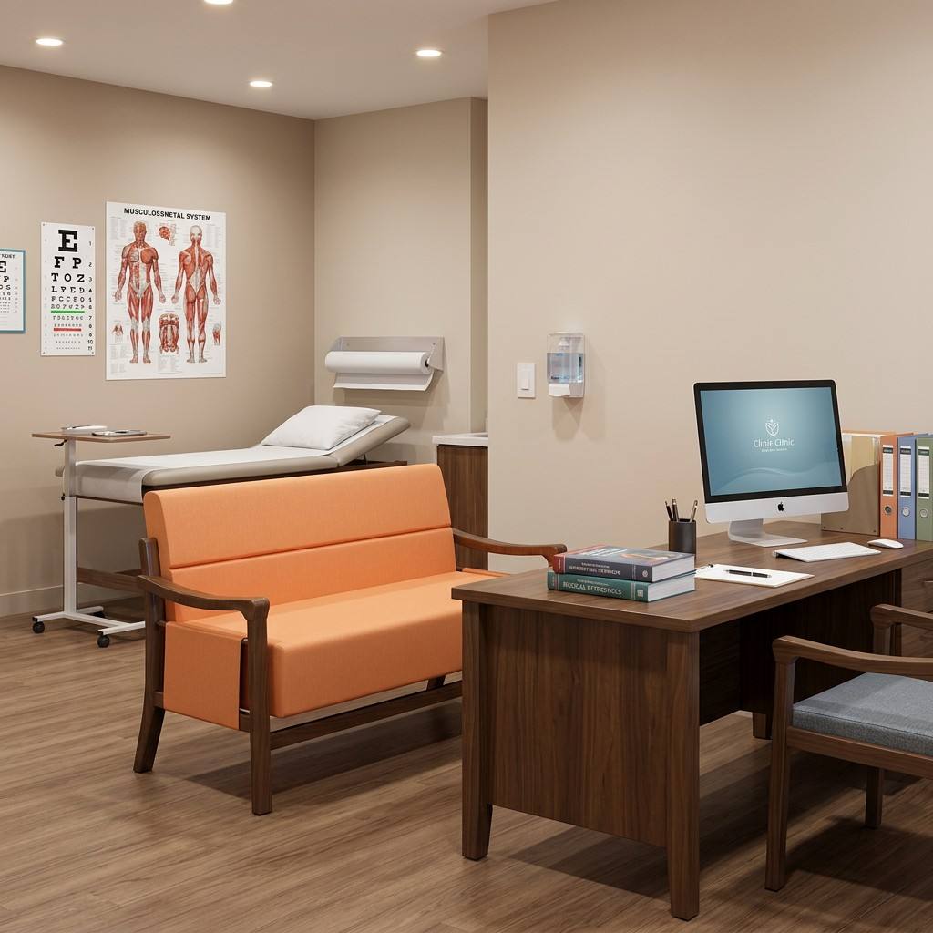 2-Seater Hospital Visitor Loveseat with Sculpted Wood Armrests | Mid-Century Medical Lounge Sofa for Clinics & Senior Living