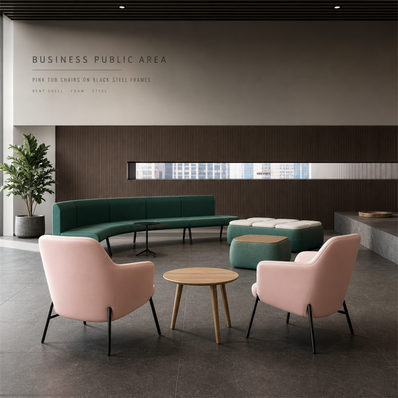 Green Curved Arc Sofa & Upholstered Bench Seating for Office Public Areas