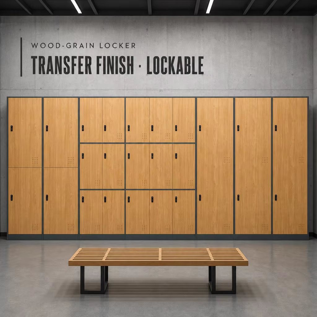 Wood Grain Metal Locker Cabinet with Ventilated Lockable Doors