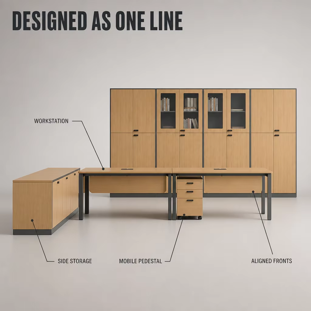 Wood Grain Metal Office Workstation Series with Desk Storage Runs