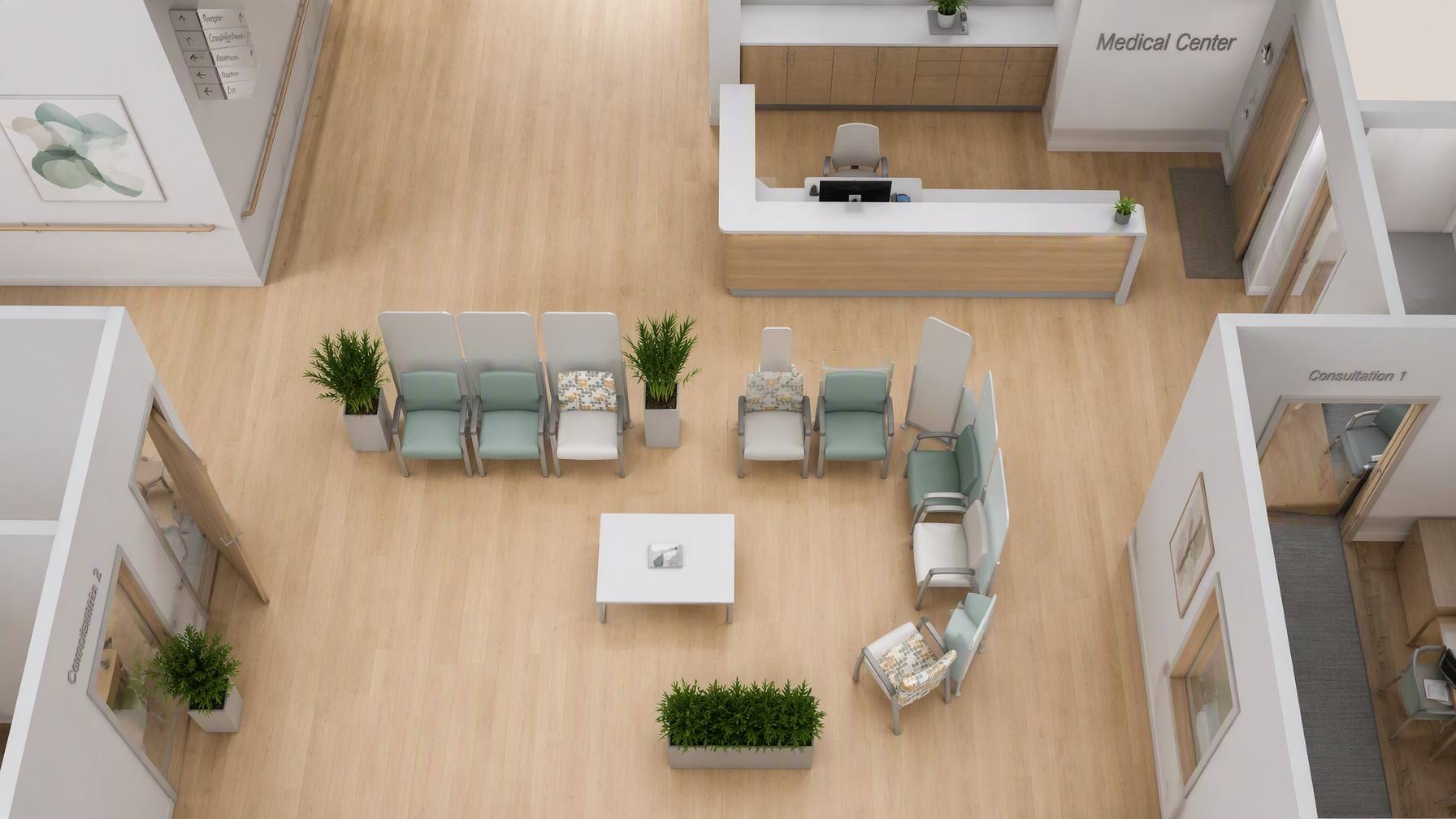 Overhead layout view, lobby, and corridor lounge area