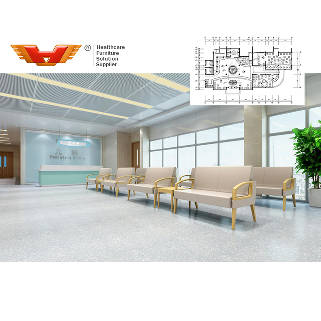 Waiting Room Chairs for Hospital - Modular Solid Wood PU Leather Clinic Reception Seating Bench with Integrated Tea Table