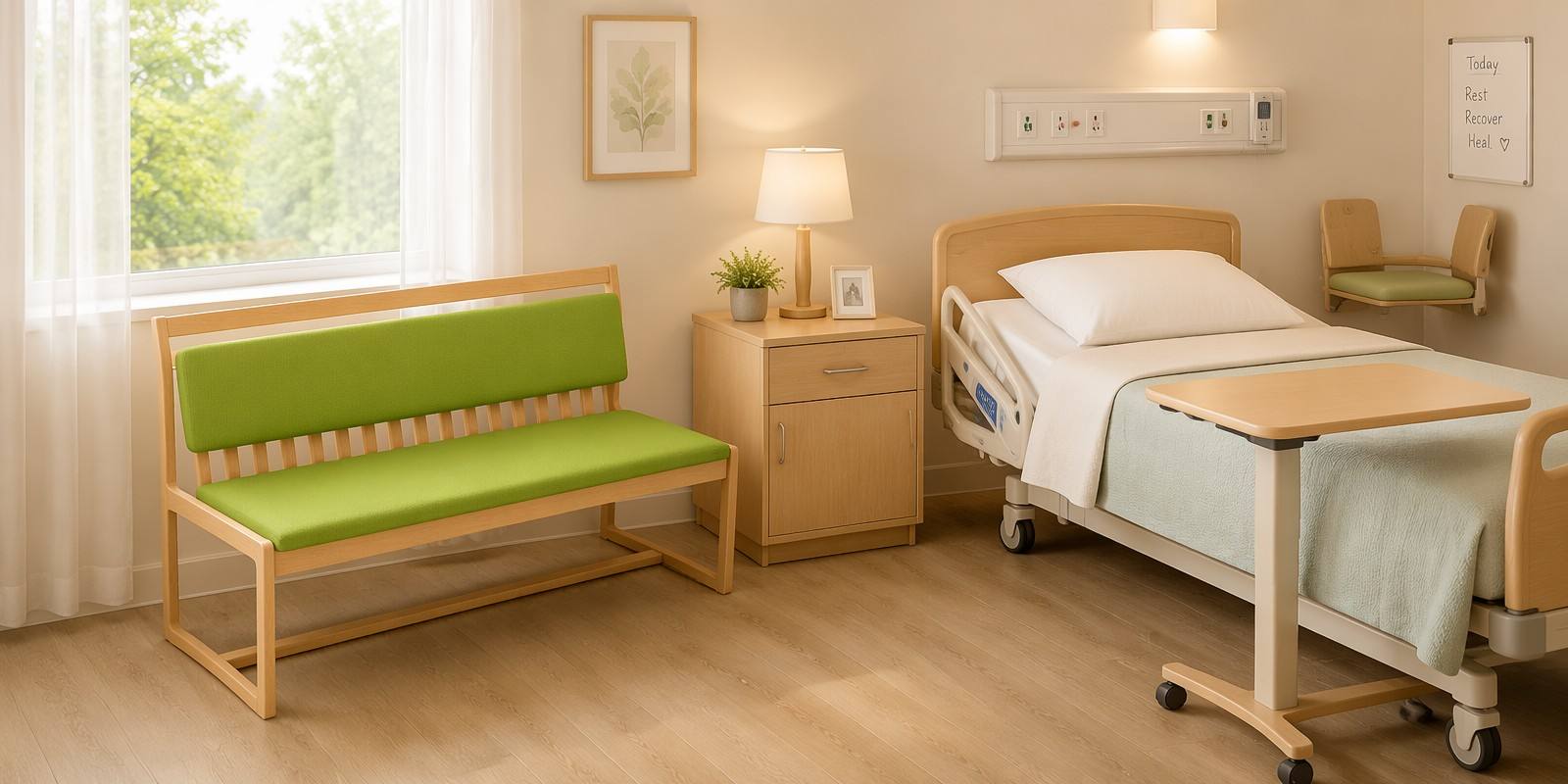 Sofa, bedside table, hospital bed, folding visitor’s chair and mobile dining table in the ward’s rehabilitation room