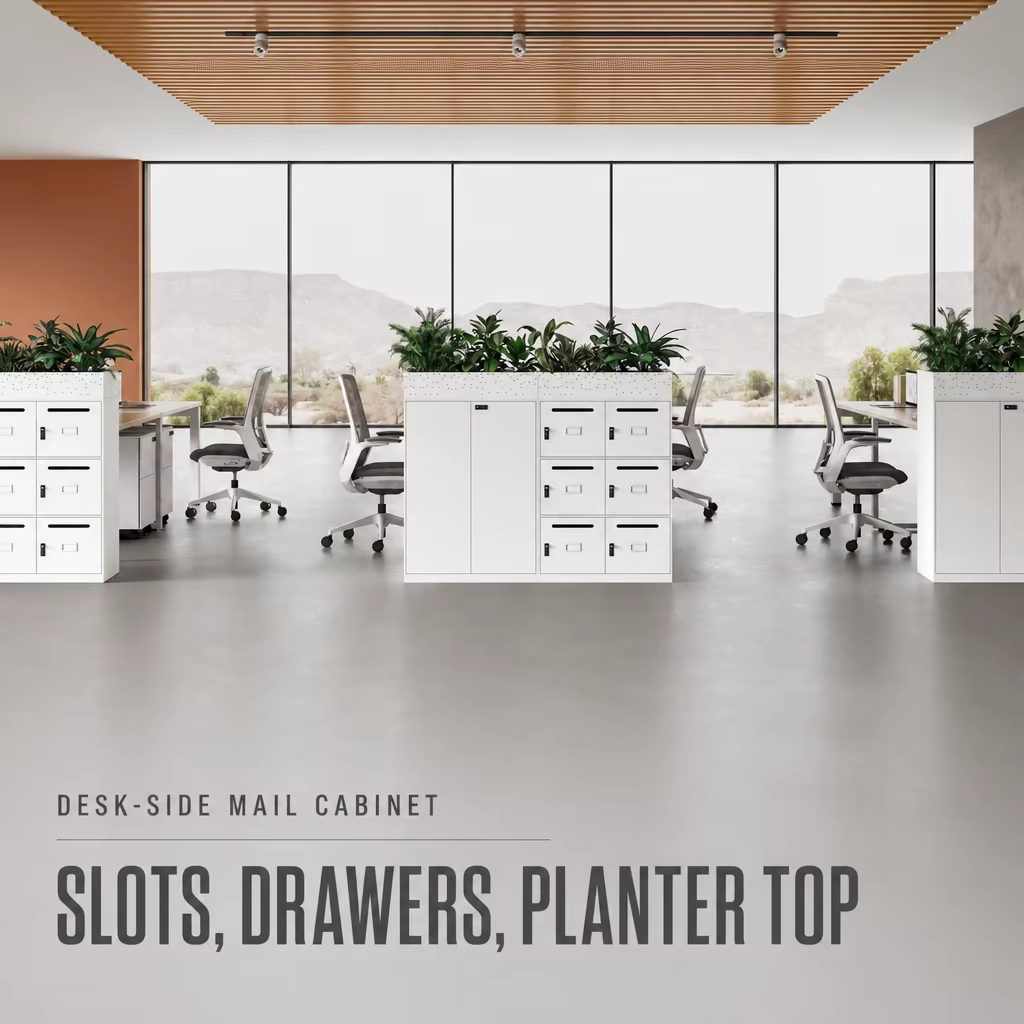 Desk-Side Mail Cabinet Combination with Drawers and Planter Top