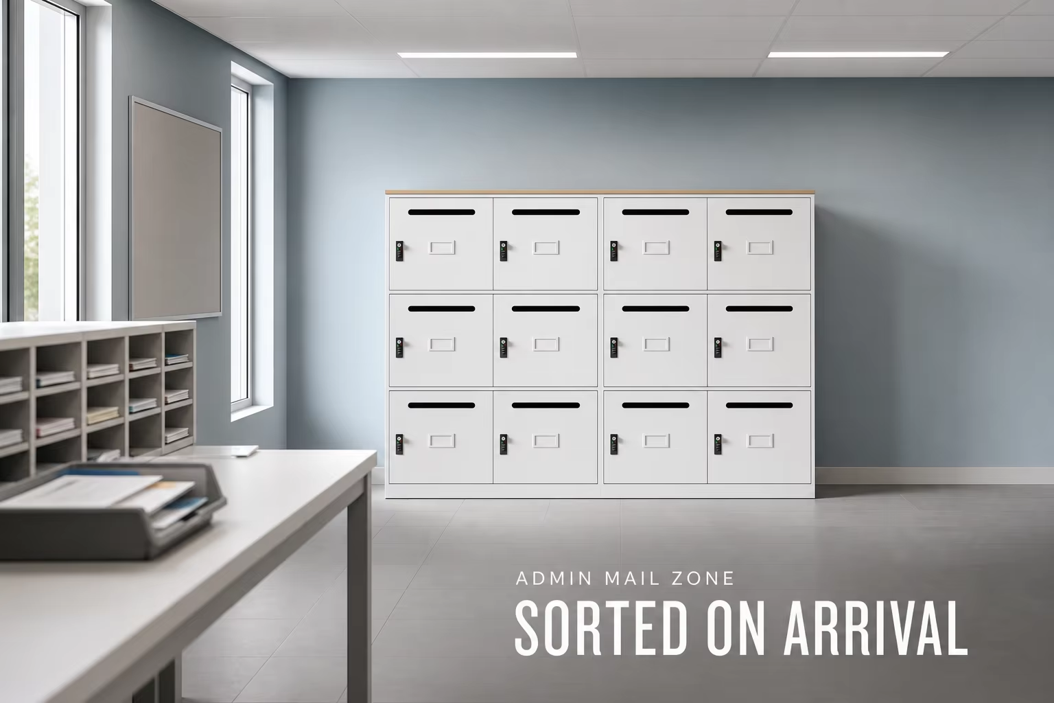 SORTED ON ARRIVAL numbered slot mail cabinet ADMIN MAIL ZONE metal locker storage cabinet