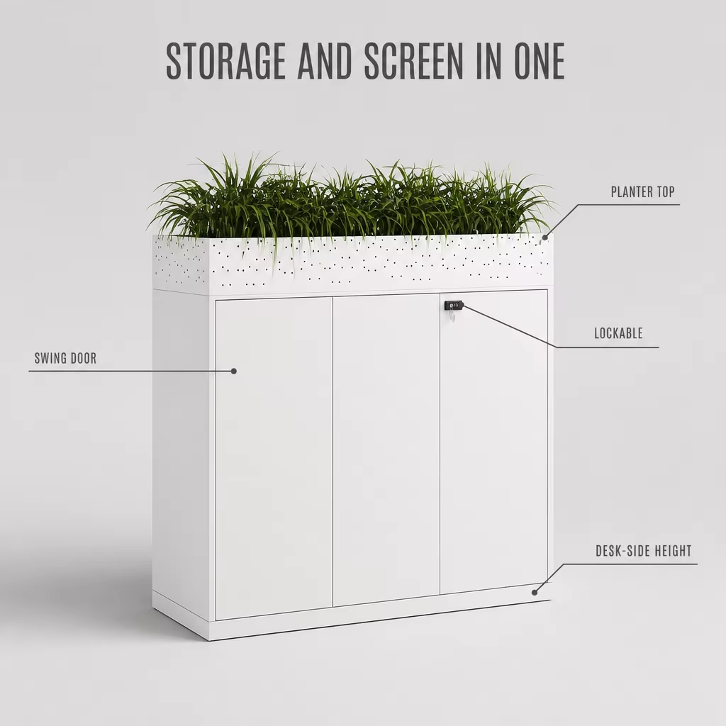 Desk-Side Metal Storage Cabinet with Swing Doors and Planter Top