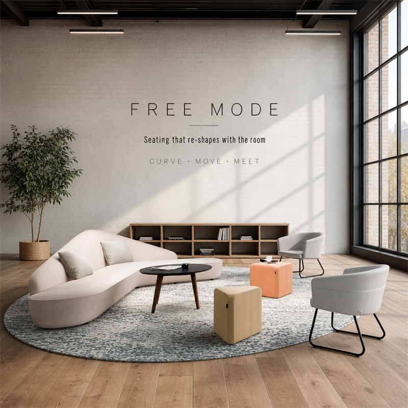 Organic Curve Lounge Sofa Set with Moveable Poufs for Public Areas