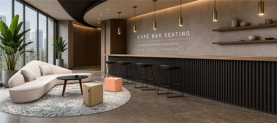 scene-cafe-bar-seating-CAF&Eacute; BAR SEATING Green benches beside the oak counter