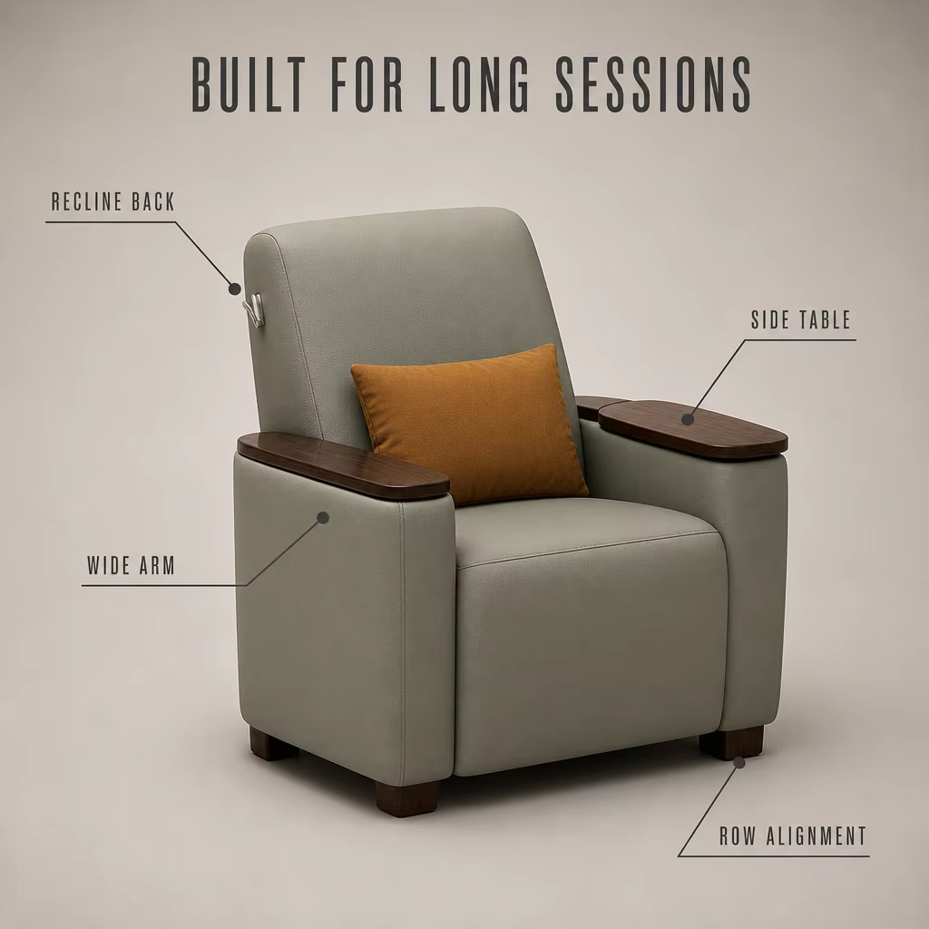 Audio-Visual Room Seating with Wide Arms and Attached Side Tables