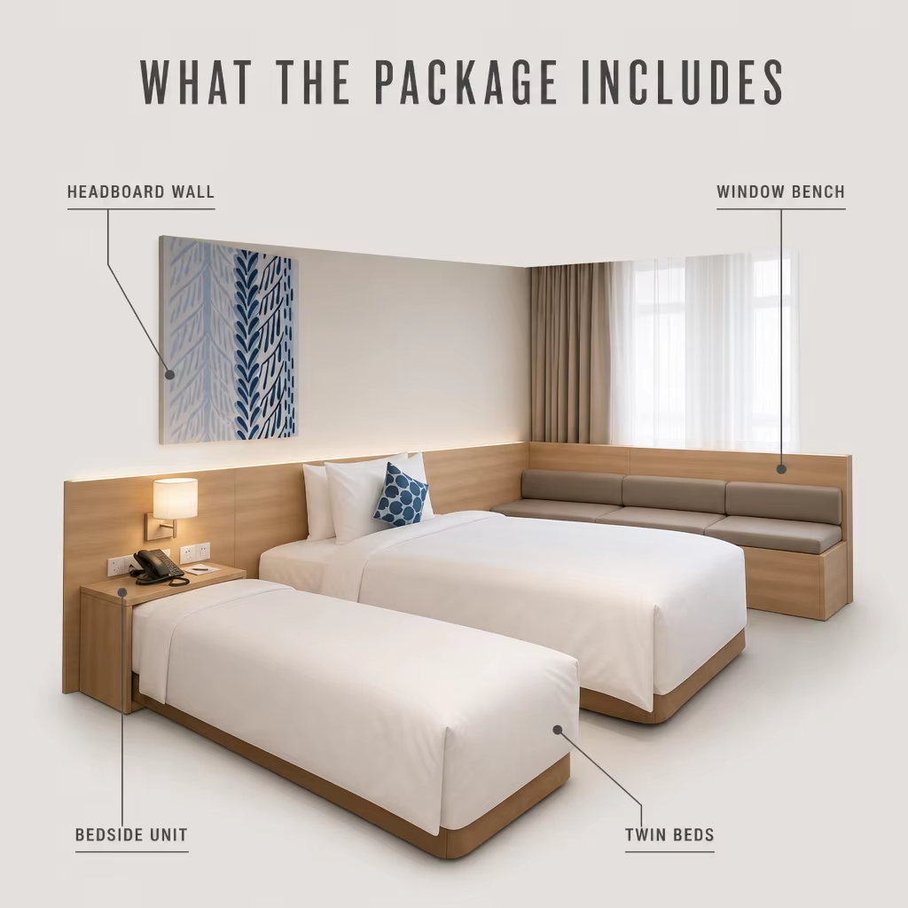 Hotel Style Twin Room Furniture Package with Built-In Headboard Wall