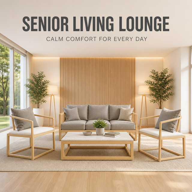  Senior Living Furniture Set with Japanese Style Solid Wood Curved Armrest Chairs for Healthcare Reception