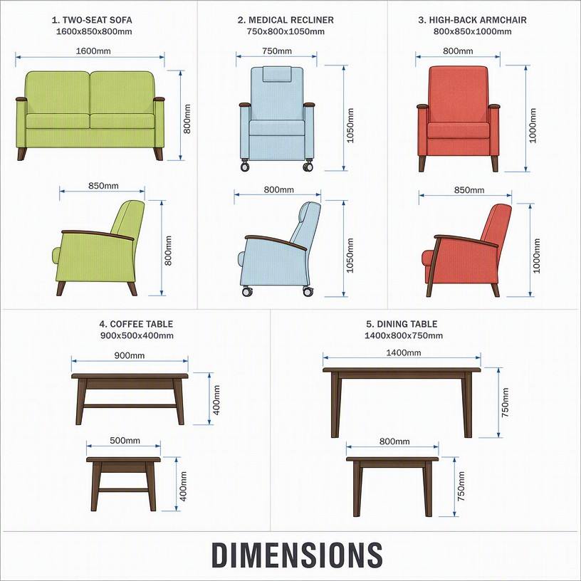 Two-seater sofa, medical recliner, high-back armchair, coffee table, dining table Dimensional Drawings