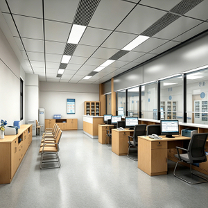 Hospital Reception Desk - Modern Wood Grain Medical Billing & Clinic Information Counter