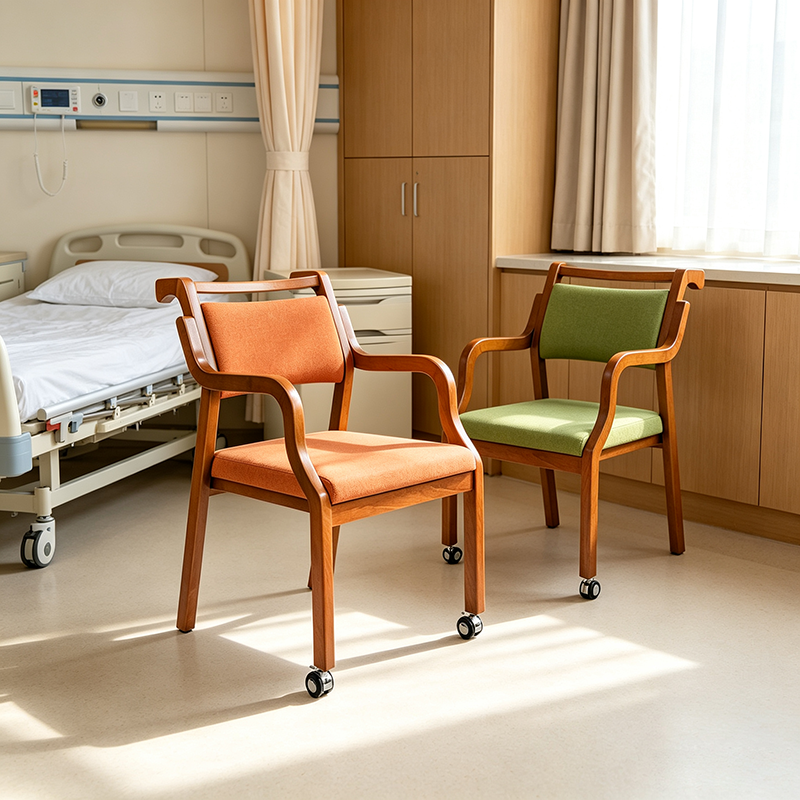 Senior Living Dining Armchair with Front Casters and Push Handle Solid Wood Assisted Mobility Chair