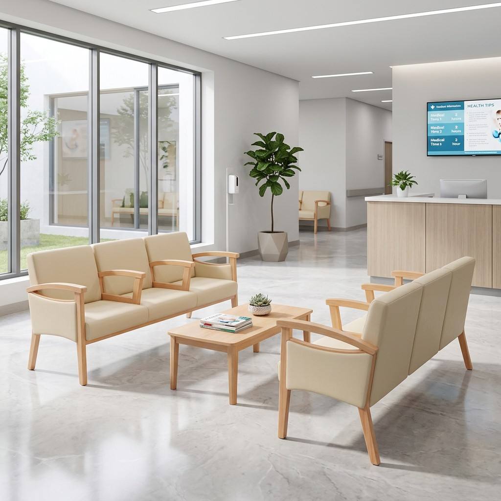 Hospital Waiting Sofa with Armrest Dividers | Solid Wood Medical Lounge Seating for Clinics & Senior Living