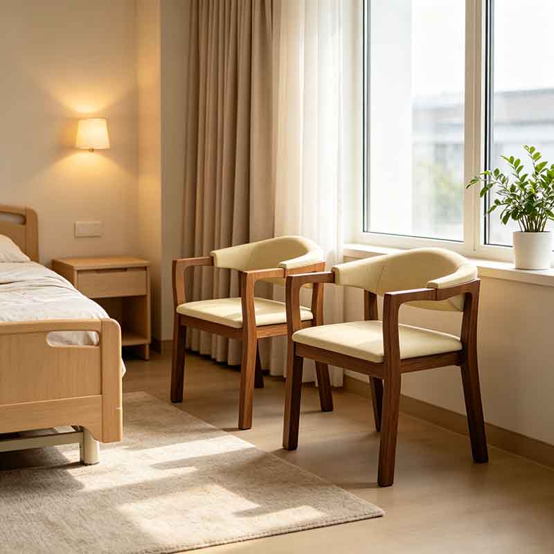 Senior Living Dining Chairs - Wood Grain Metal Assisted Living Armchairs and Nursing Home Patient Room Seating