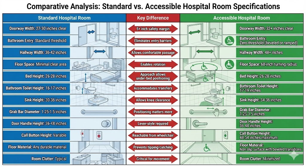 Standard vs. Accessible Hospital Room Specifications