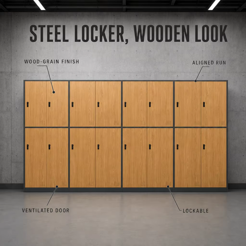 Wood Grain Metal Locker Cabinet with Ventilated Lockable Doors