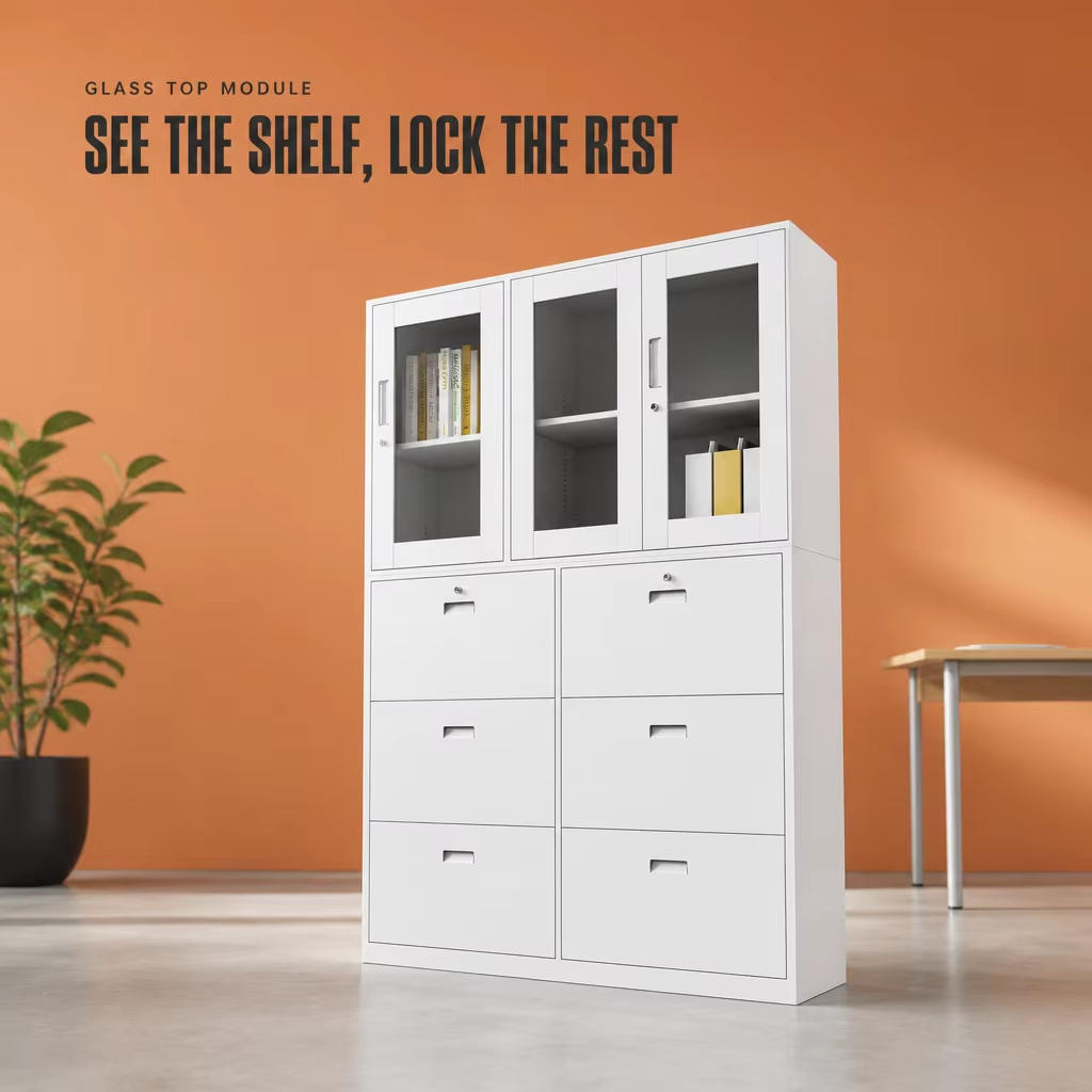 Metal Drawer Cabinet with Glass Doors and Three Lockable Drawers
