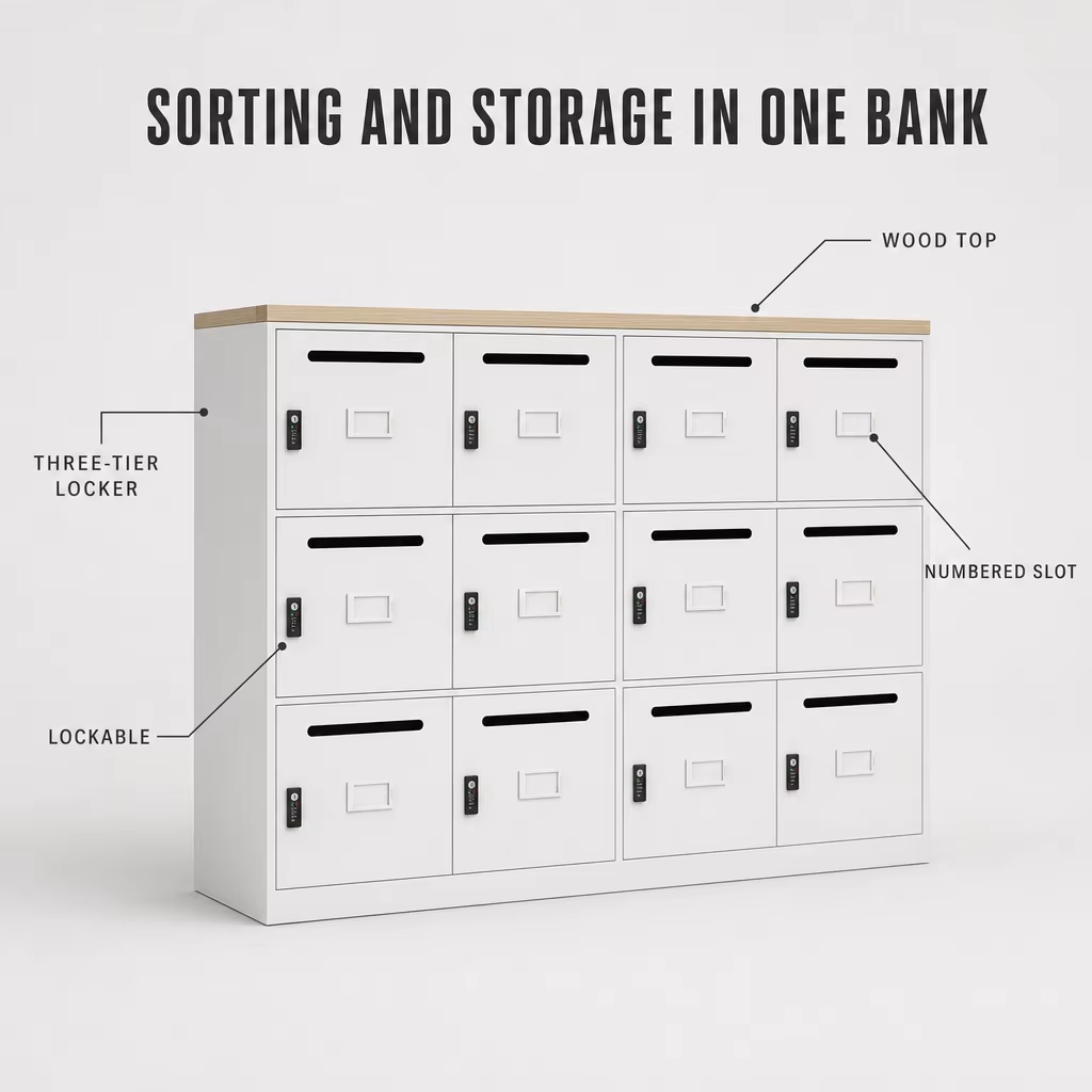 Metal Locker Cabinet with Numbered Slots and Wood Top