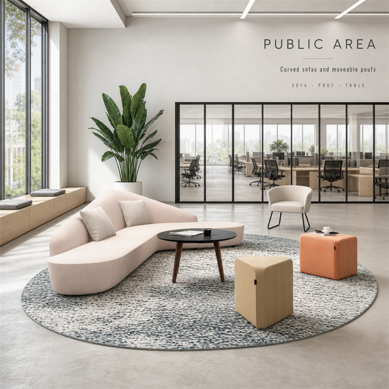 Organic Curve Lounge Sofa Set with Moveable Poufs for Public Areas