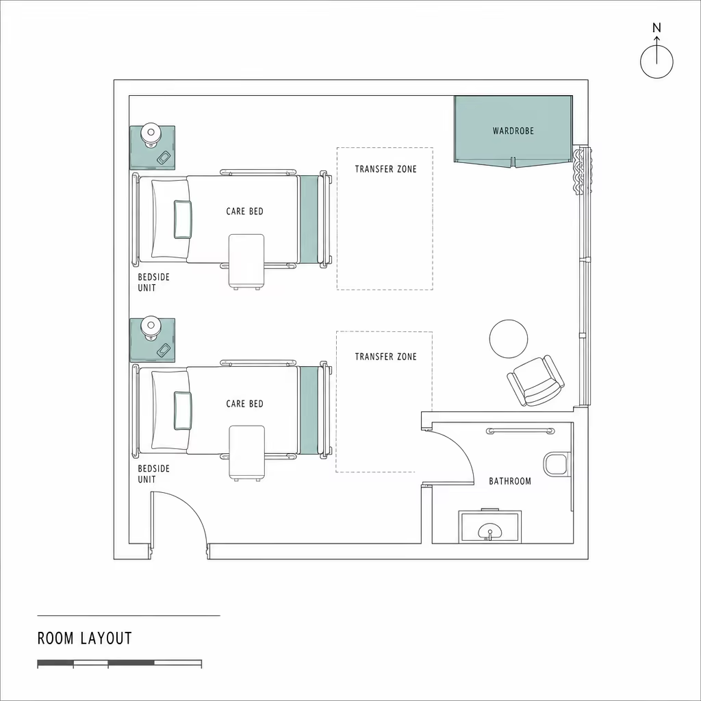 Shared Care Bedroom Furniture Set with Two Care Beds and Wardrobe